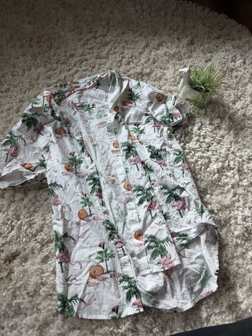 Lightweight Cactus Man Ricky Singh White Tropical Flamingo Short-Sleeve Button-D